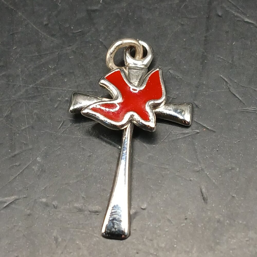 Sterling Silver Cross with Red Dove Pendant